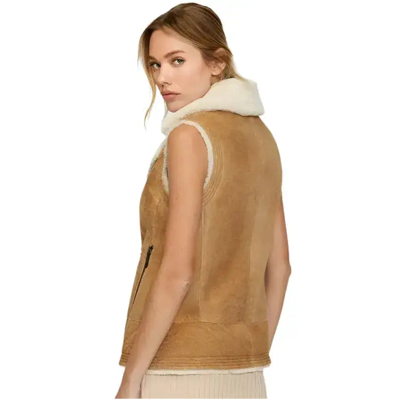 Women’s Tan Shearling Aviator Vest-1
