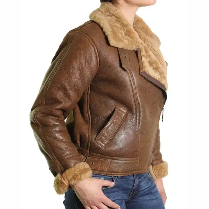 Women’s Brown Fur Shearling Flying Bomber Aviator Jacket-1