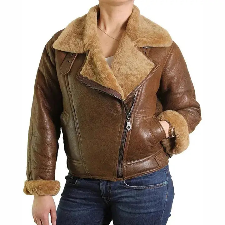 Women’s Brown Fur Shearling Flying Bomber Aviator Jacket-0