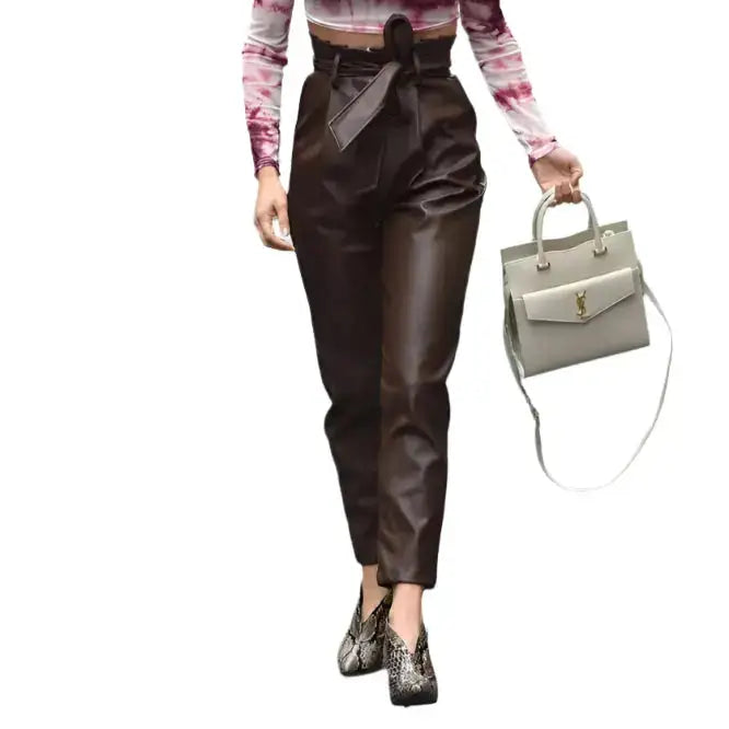 Women’s Brown Lambskin Leather Joggers-0