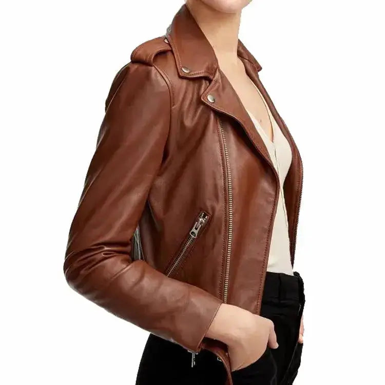 Women’s Brown Sheepskin Leather Biker Jacket-2