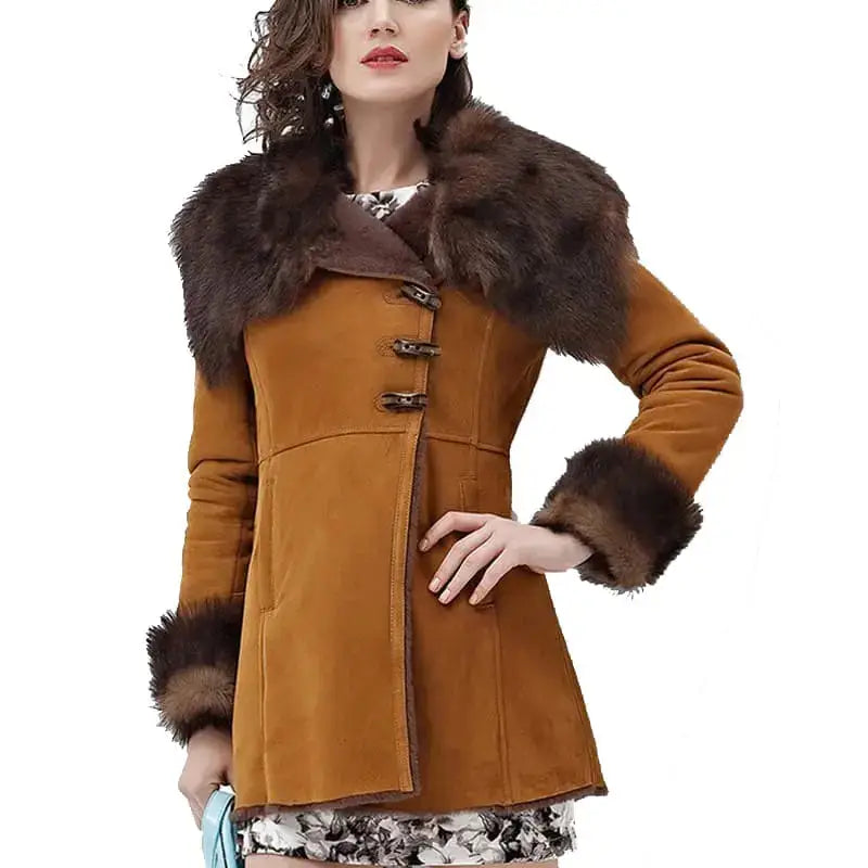 Women's Brown Merino Shearling Sheepskin Coat with Fur Collar-0