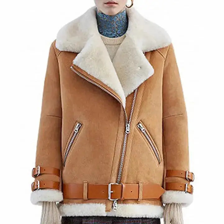 Women's Brown RAF B3 Aviator Flight Shearling Leather Jacket-0