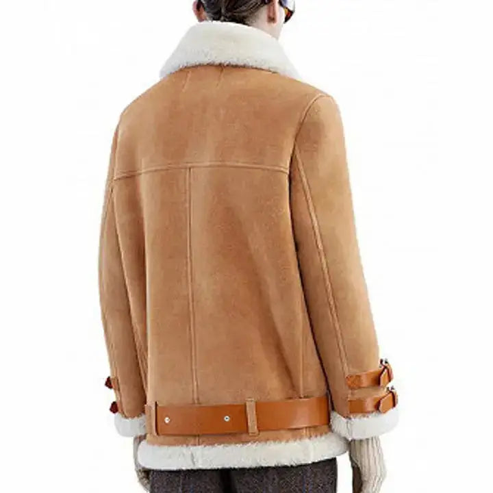 Women's Brown RAF B3 Aviator Flight Shearling Leather Jacket-1