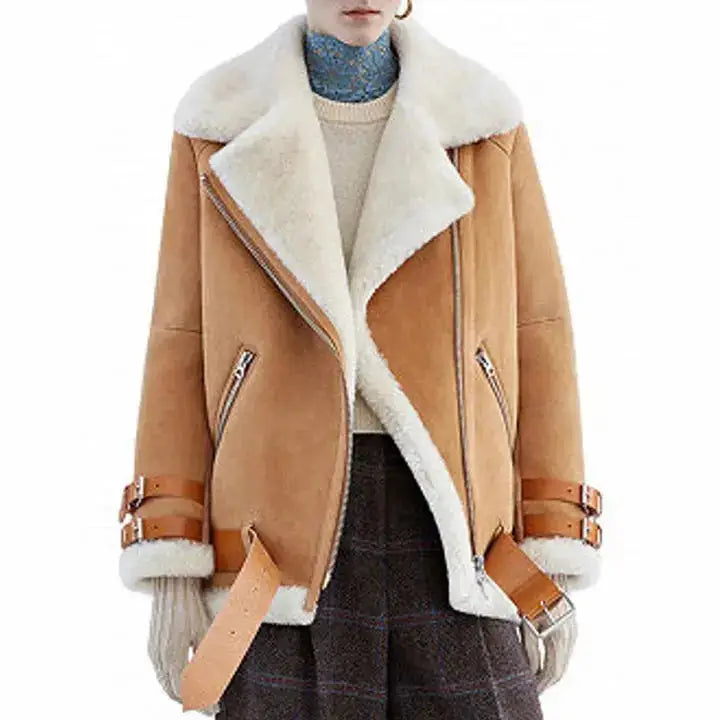 Women's Brown RAF B3 Aviator Flight Shearling Leather Jacket-2