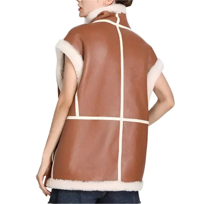 Women’s Camel & White Stripe B3 Bomber Leather Shearling Fur Vest-1