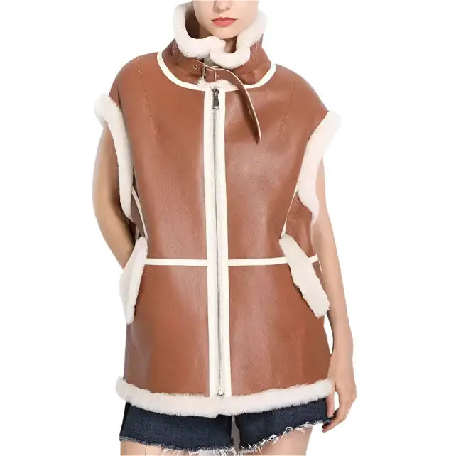 Women’s Camel & White Stripe B3 Bomber Leather Shearling Fur Vest-0