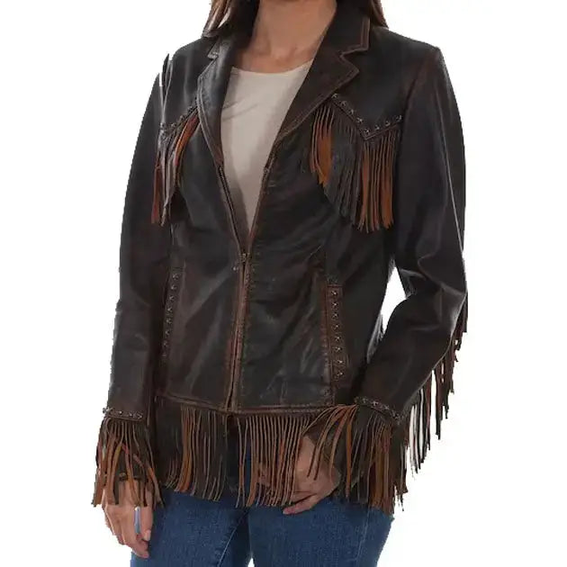 Women's Dark Brown Fringe Leather Jacket-0