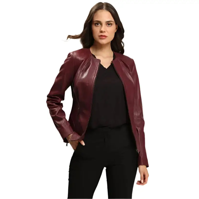 Women’s Dark Brown Leather Jacket with Blazer Cut-0