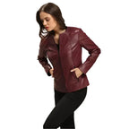 Women’s Dark Brown Leather Jacket with Blazer Cut-2