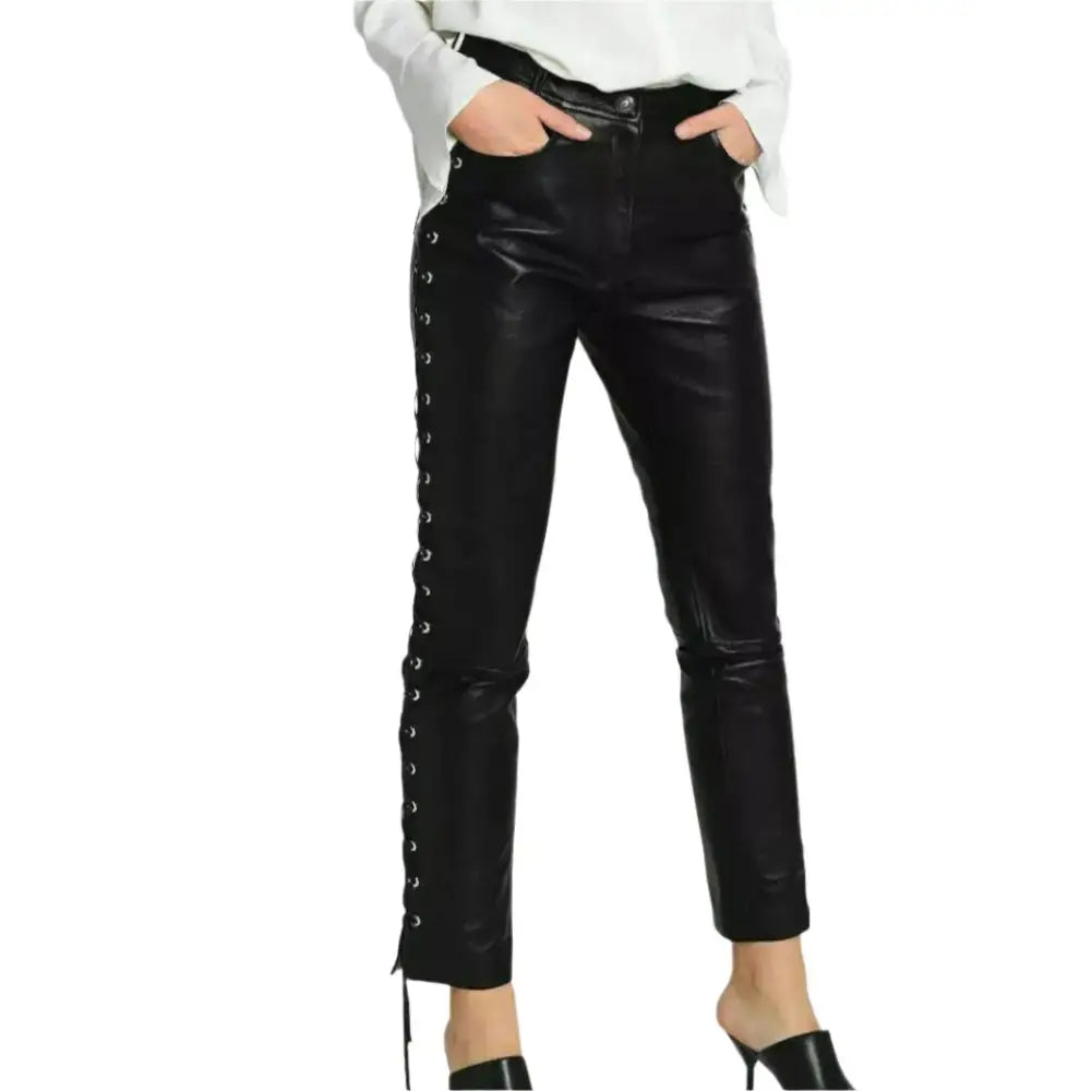 Women’s Designer Black Lambskin Leather Pants-0