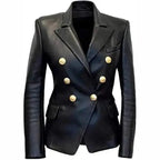 Women's Black Leather Double-Breasted Designer Blazer-0