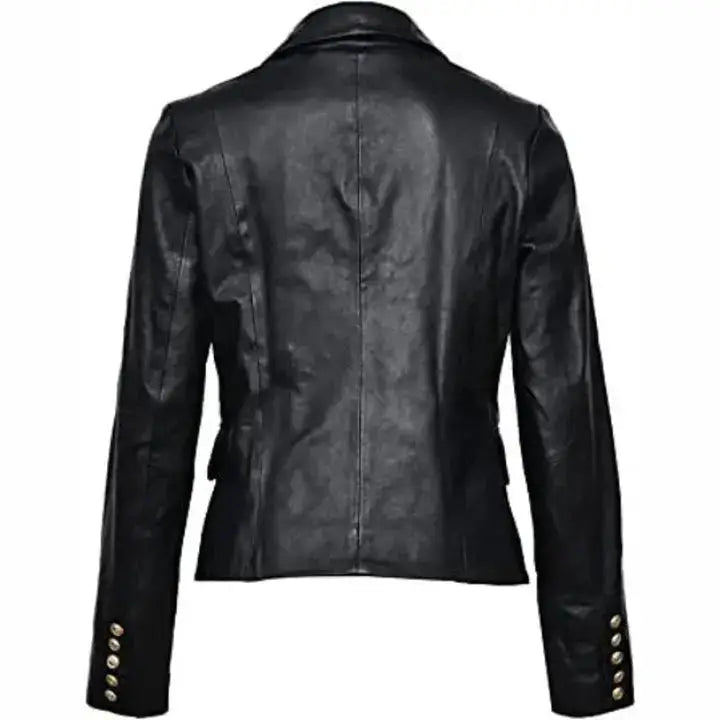 Women's Black Leather Double-Breasted Designer Blazer-1