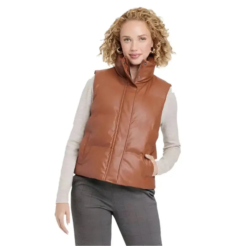 Women’s Tan Brown Leather Puffer Vest-0