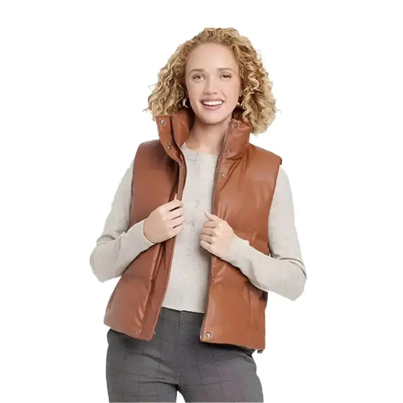 Women’s Tan Brown Leather Puffer Vest-1