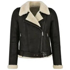 Women’s Genuine Leather Shearling Motorcycle Jacket-0