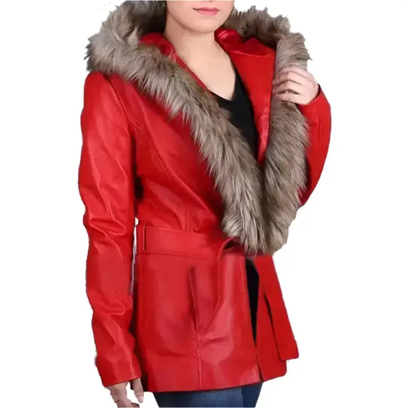 Women's Goldie Hawn Christmas Coat with Faux Fur Hood – Mrs. Claus Edition-3