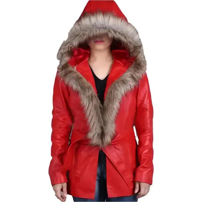 Women's Goldie Hawn Christmas Coat with Faux Fur Hood – Mrs. Claus Edition-0