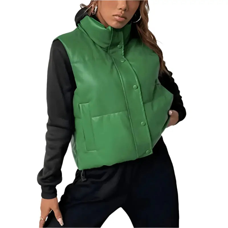 Women's Green Puffer Leather Vest-1
