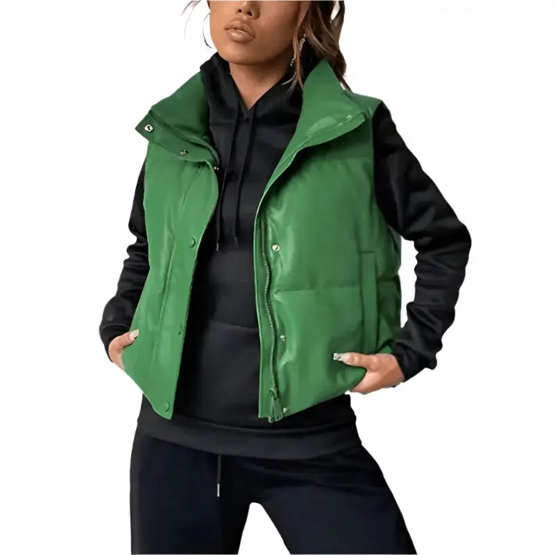 Women's Green Puffer Leather Vest-0