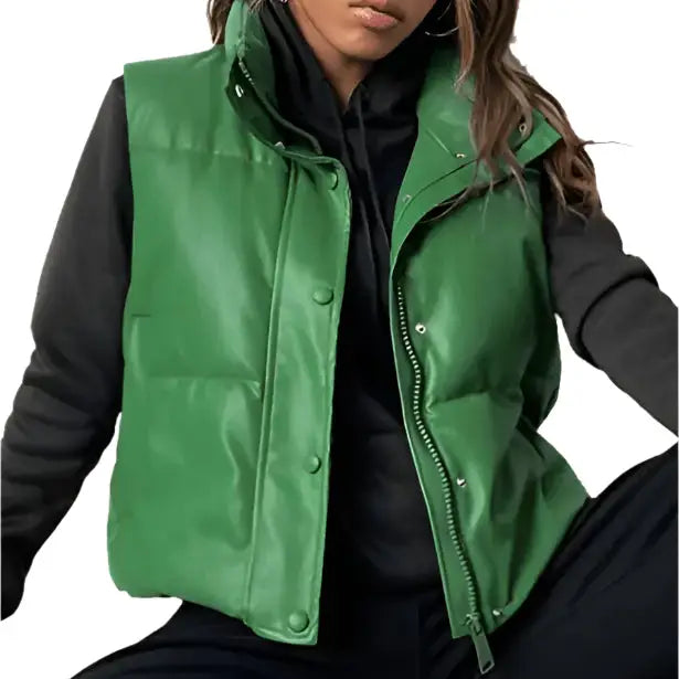 Women's Green Puffer Leather Vest-2