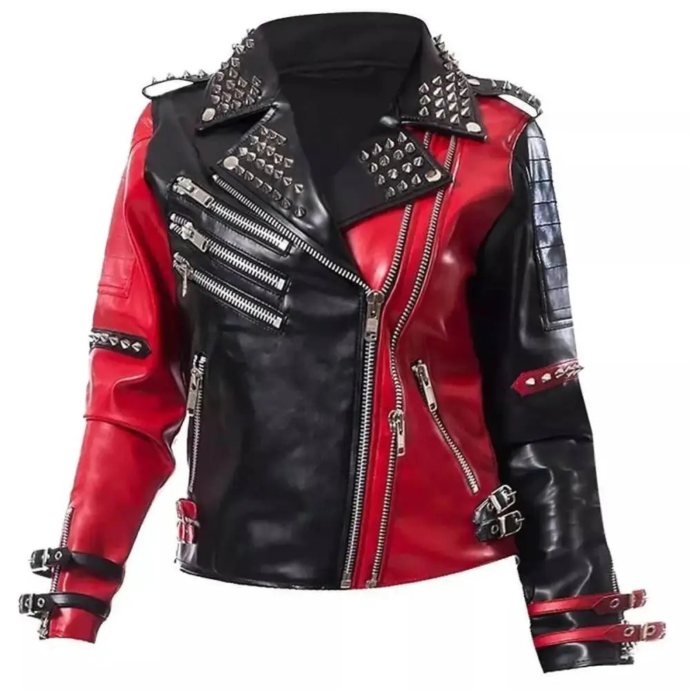 Women's Harley Quinn Heartless Asylum Studded Biker Leather Jacket-0