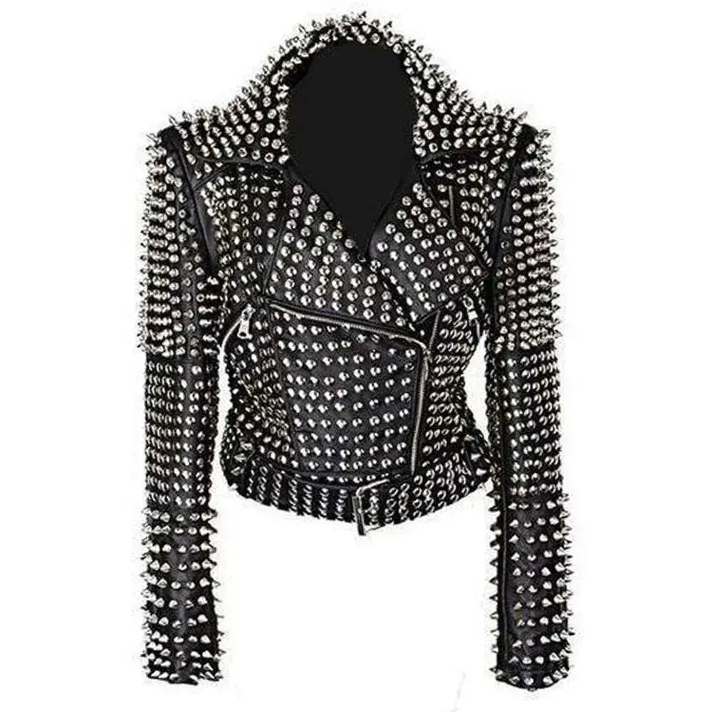 Women’s Studded Punk Leather Jacket-0