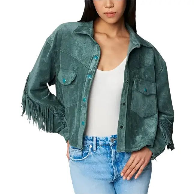 Women's Olive Suede Leather Fringe Shirt Jacket-0