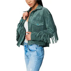 Women's Olive Suede Leather Fringe Shirt Jacket-2