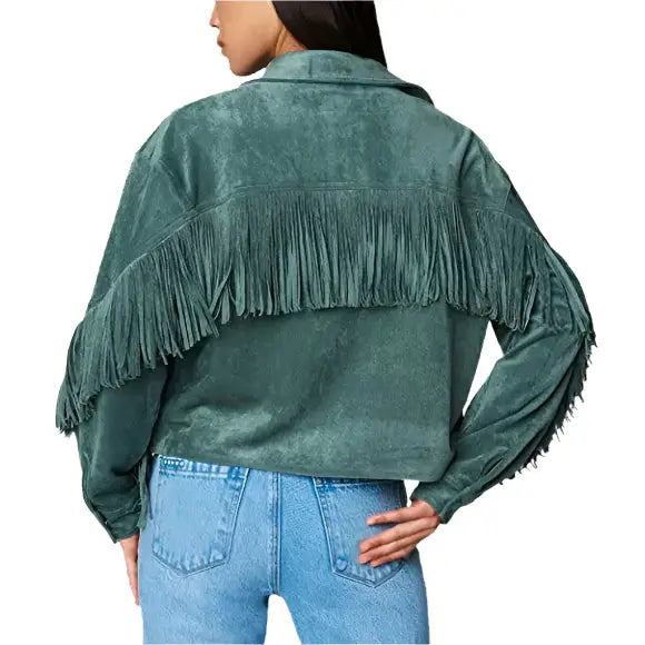 Women's Olive Suede Leather Fringe Shirt Jacket-1