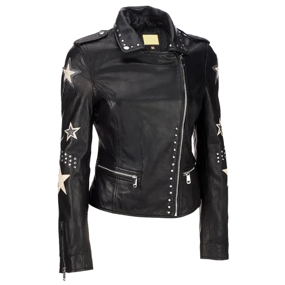 Women's Black Leather Rock Star Jacket-0