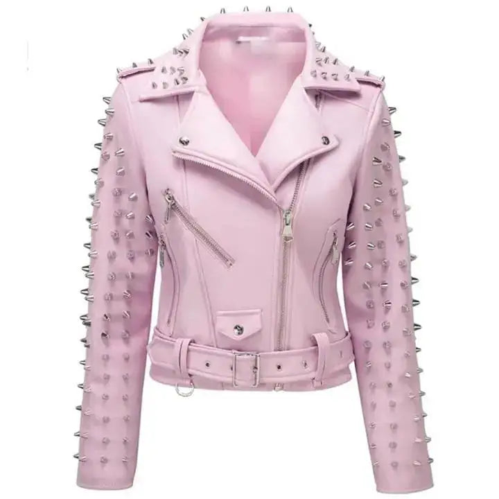 Women's Pink Studded Leather Jacket-0