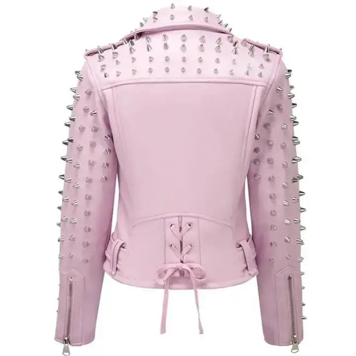 Women's Pink Studded Leather Jacket-1