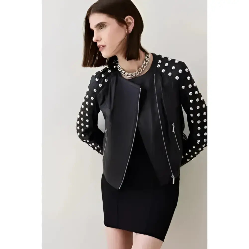 Women’s Punk Black Studded Leather Biker Jacket-1