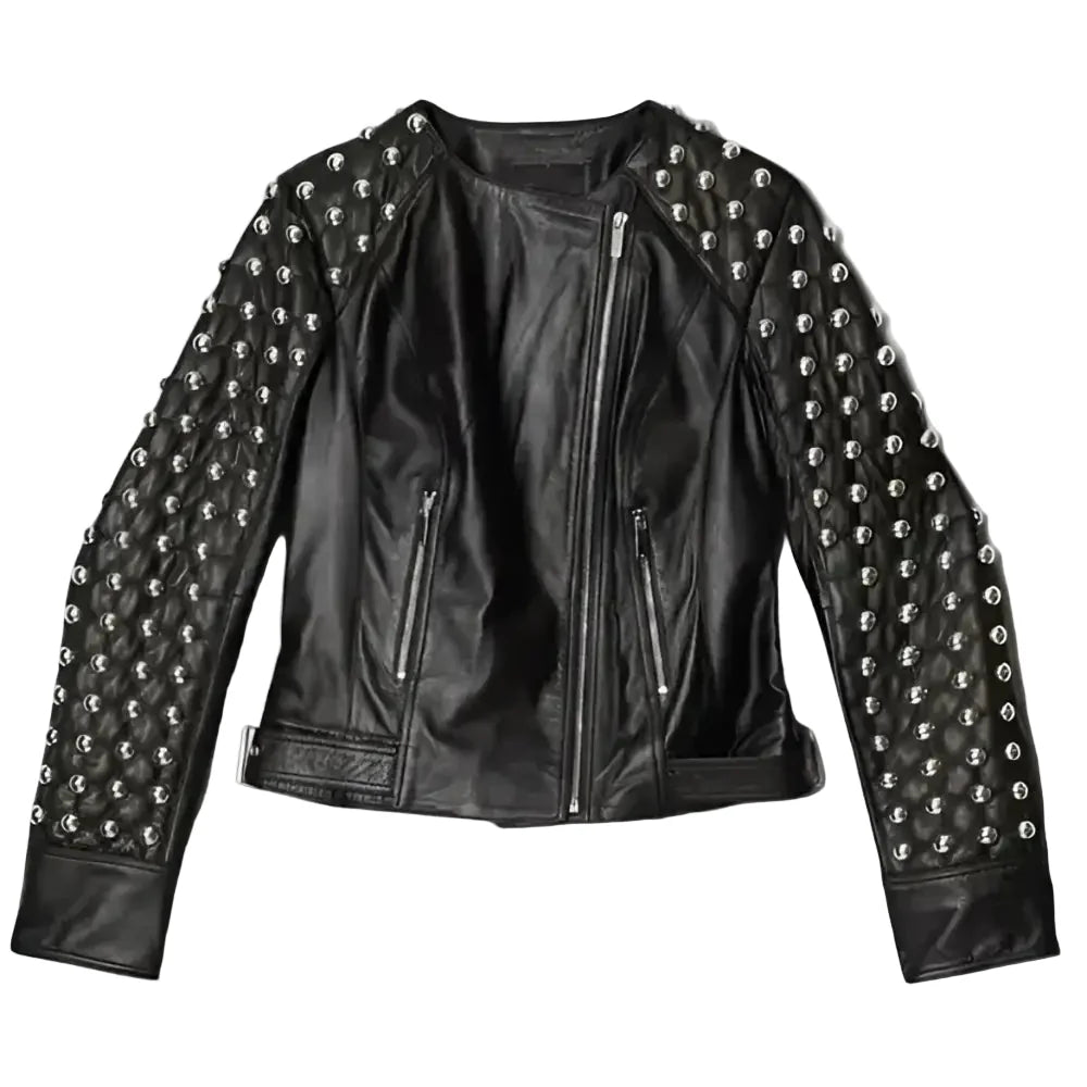 Women’s Punk Black Studded Leather Biker Jacket-0