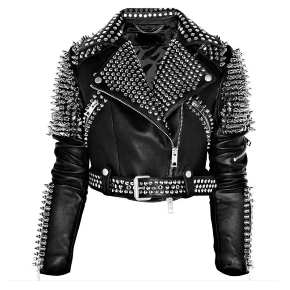 Women's Silver Studded Punk Rock Biker Jacket-0