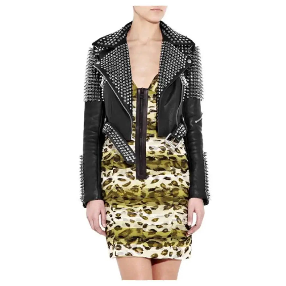 Women's Silver Studded Punk Rock Biker Jacket-1