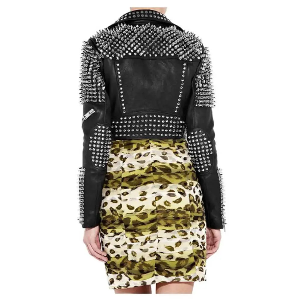 Women's Silver Studded Punk Rock Biker Jacket-2