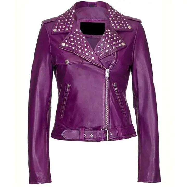 Women's Purple Studded Leather Biker Jacket-0