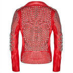 Women's Red Studded Leather Biker Jacket-1