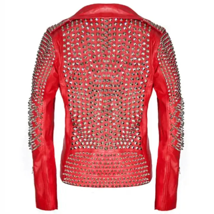 Women's Red Studded Leather Biker Jacket-1