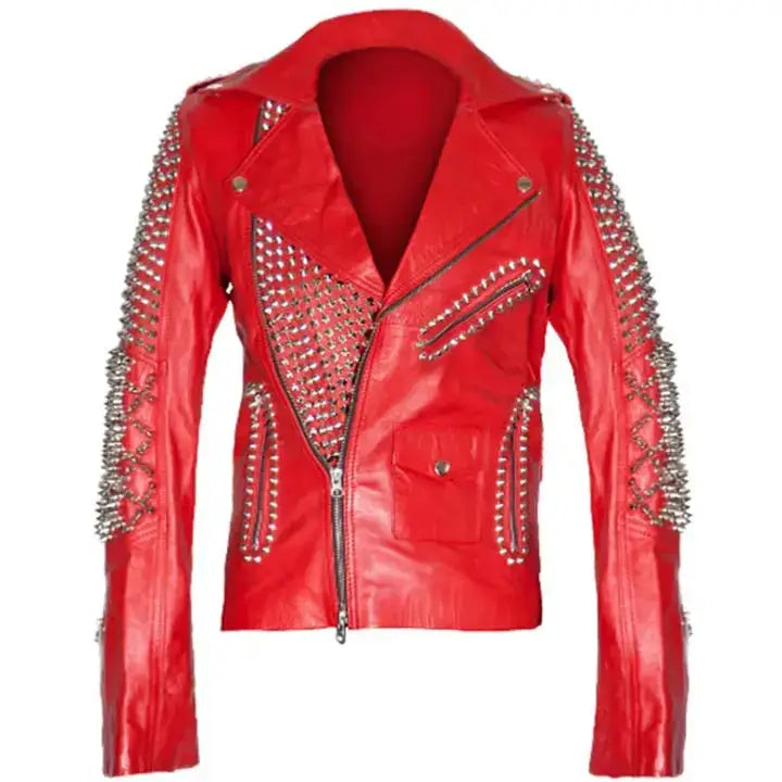 Women's Red Studded Leather Biker Jacket-0