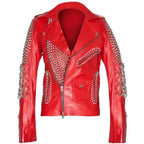 Women's Red Studded Leather Biker Jacket-0
