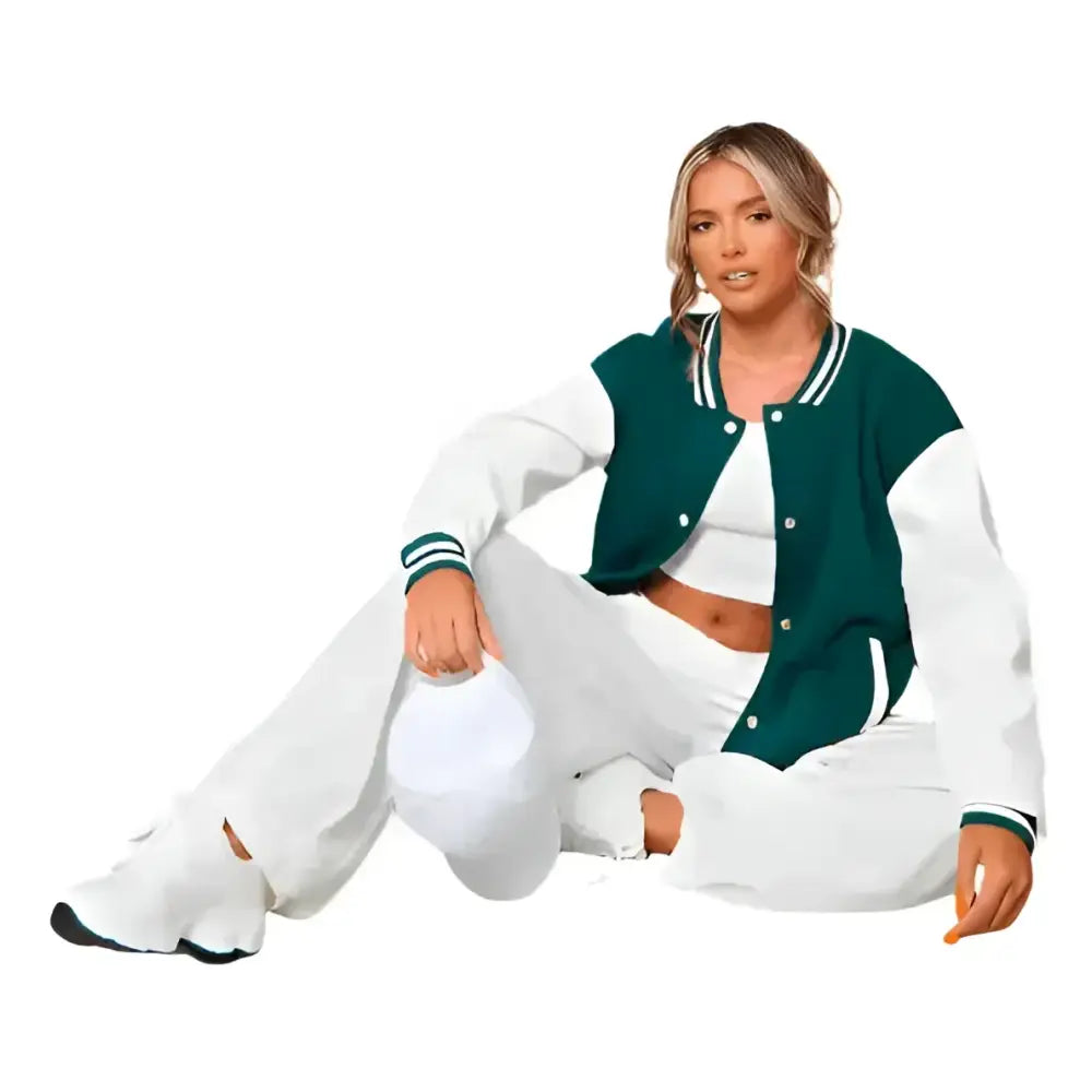 Women's Sea Green Varsity Leather Bomber Jacket-3