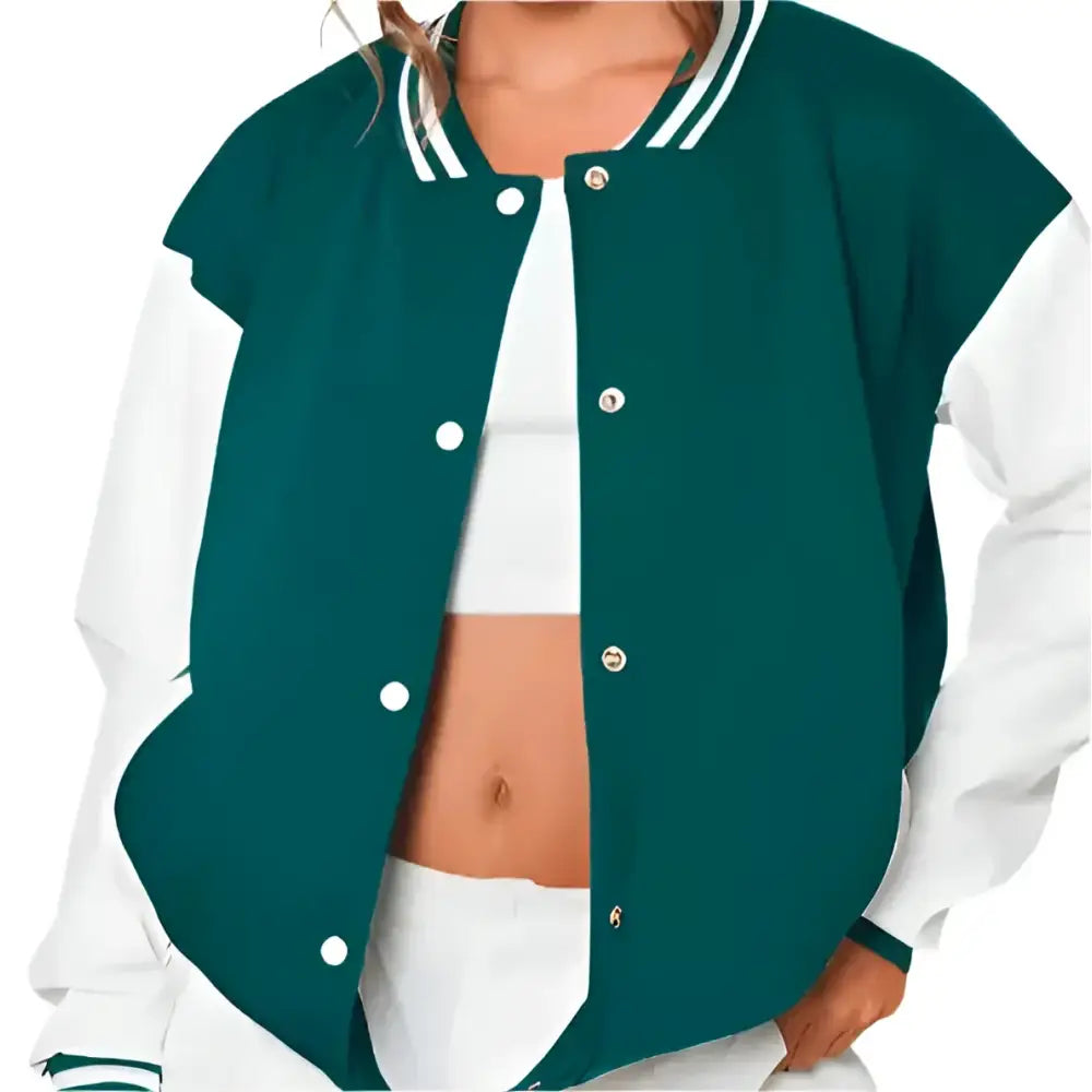 Women's Sea Green Varsity Leather Bomber Jacket-0