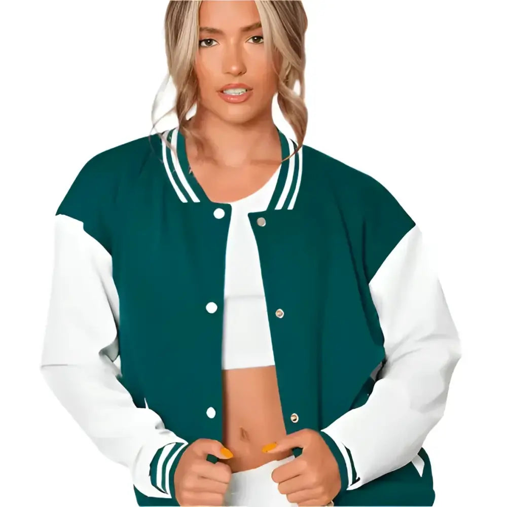 Women's Sea Green Varsity Leather Bomber Jacket-1
