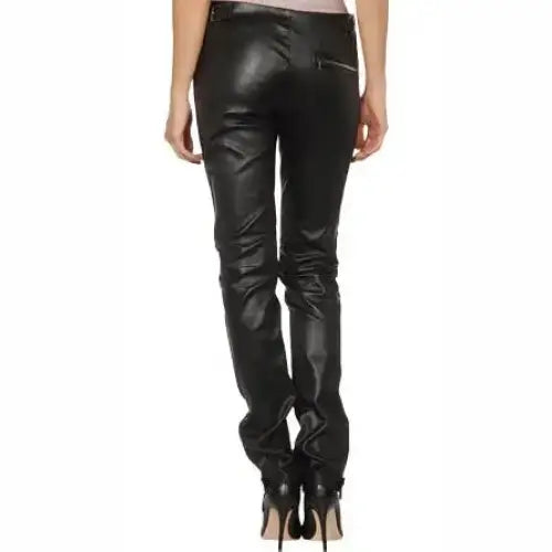 Women’s Lambskin Skinny Straight Leg Leather Pants with Zipper Detail-1