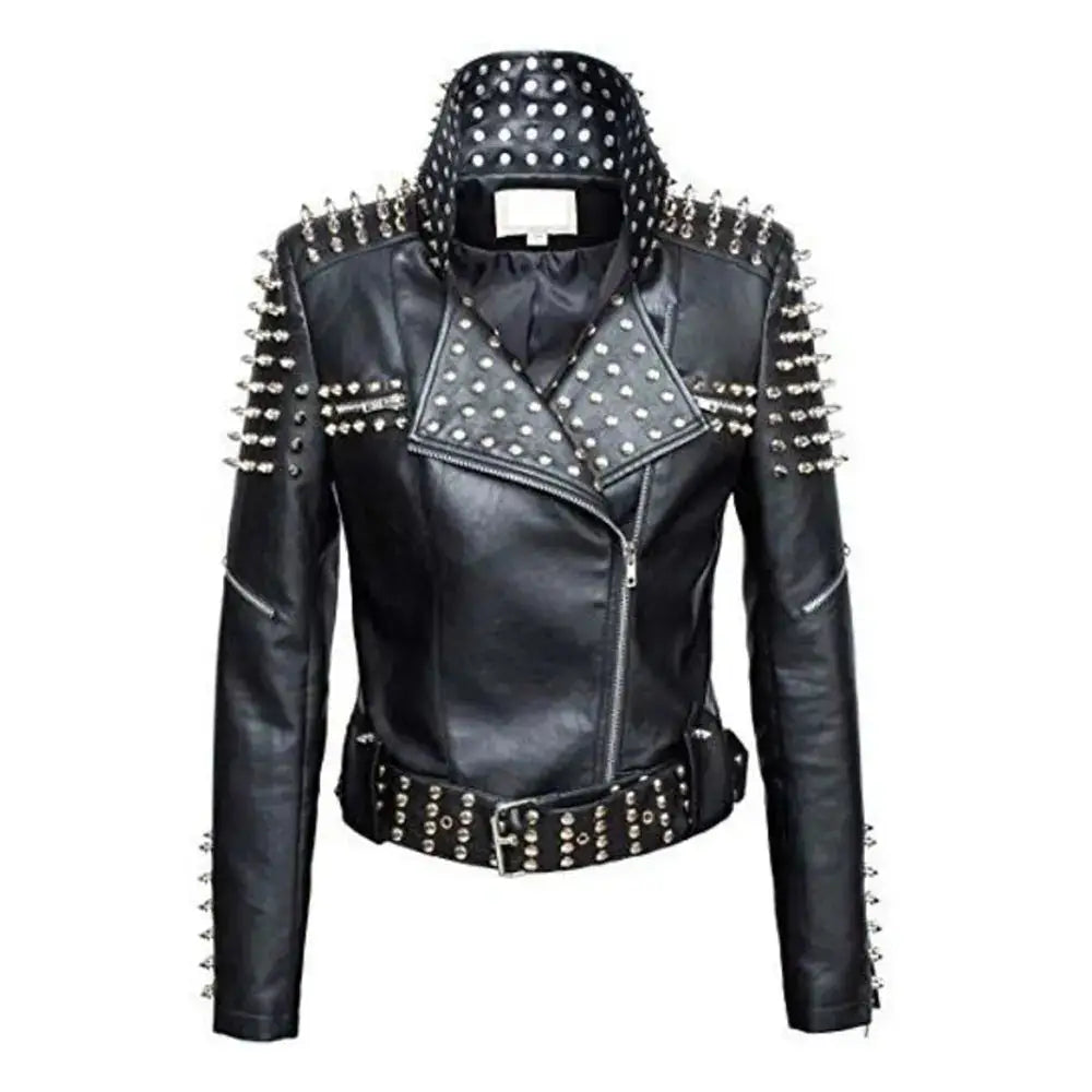 Women's Slim Fit Studded Brando Leather Jacket-0