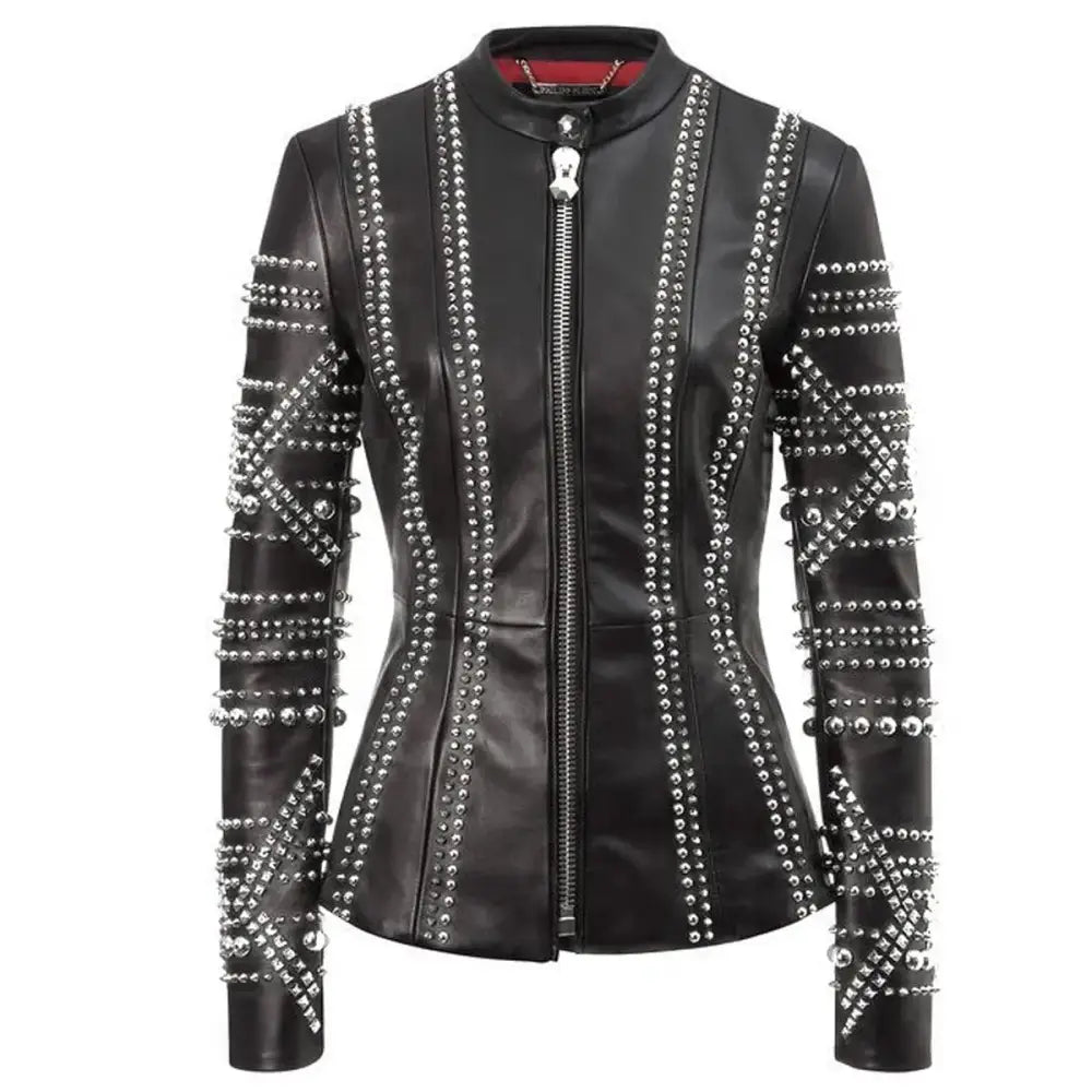 Women’s Studded Black Leather Jacket-0