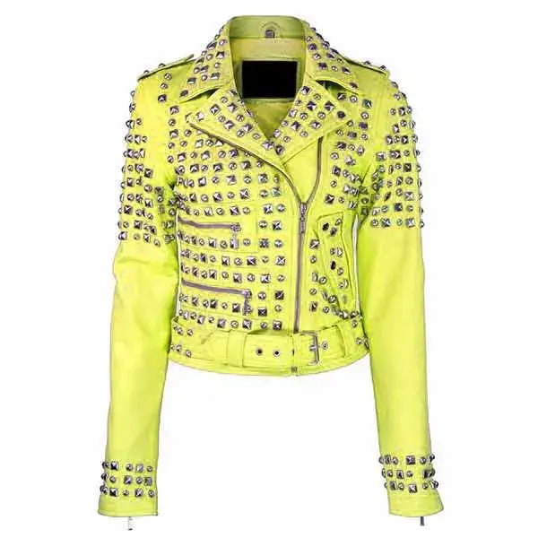 Women's Studded Brando Leather Motorcycle Jacket-0